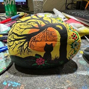 Hand-Painted Black and Orange Cat Silhouette Stone